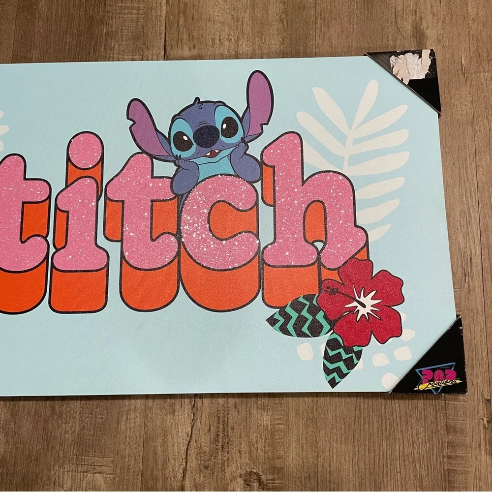 NEW Disney Lilo &‎ Stitch Creations Glitter Canvas Wall Art Tropical Blue Pink